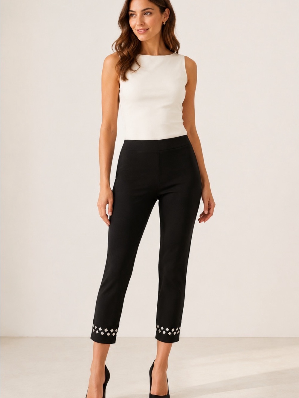 Ankle-Length Black Embellished Pants - Women's